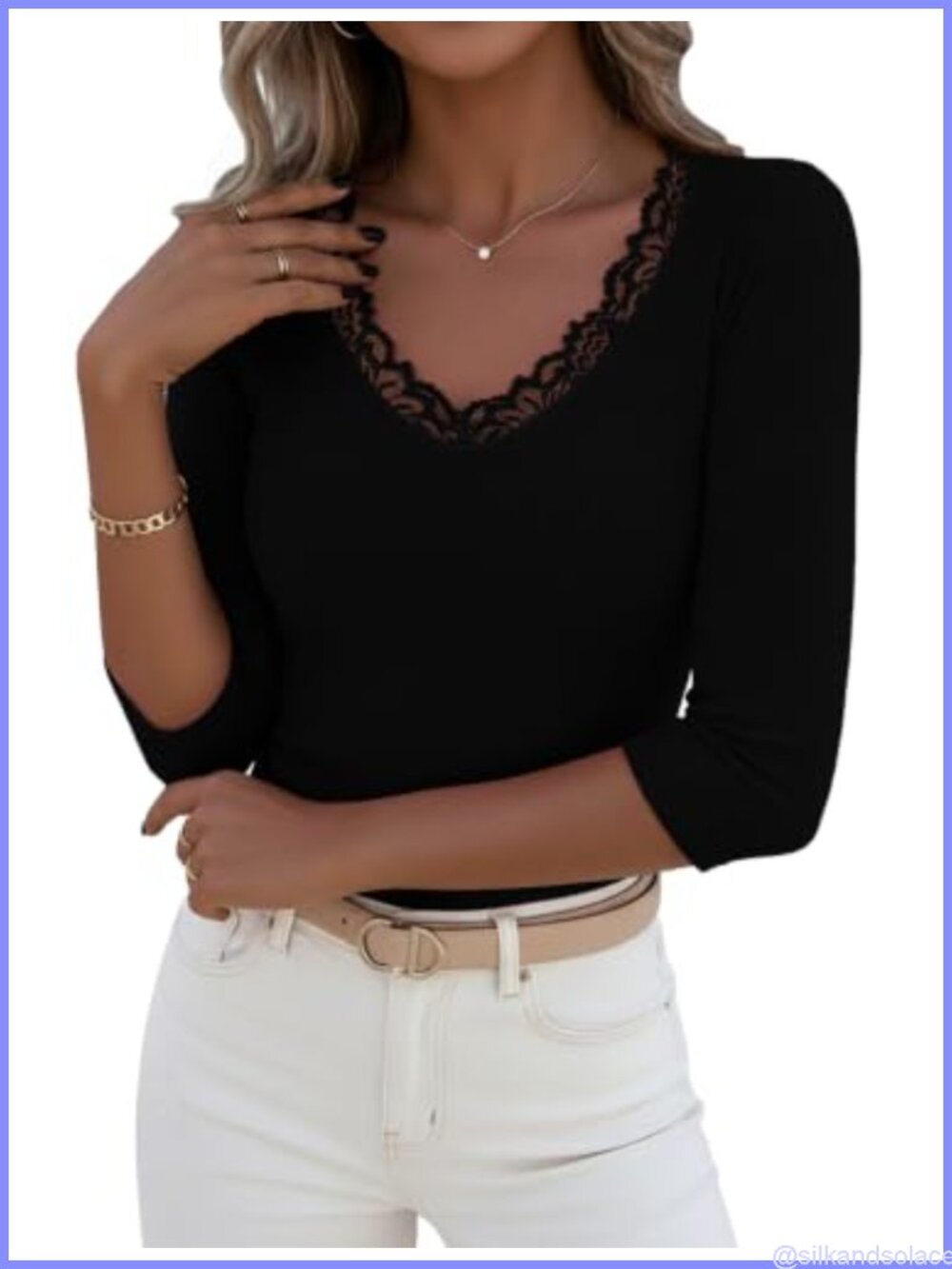 LUXVEER 3/4 Sleeve Lace V Neck Ribbed Knit Fitted Top Dressy Casual Blouse